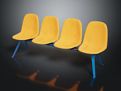 Four Yellow Public Chairs With Blue Legs On Dark Reflective Surface 3d model