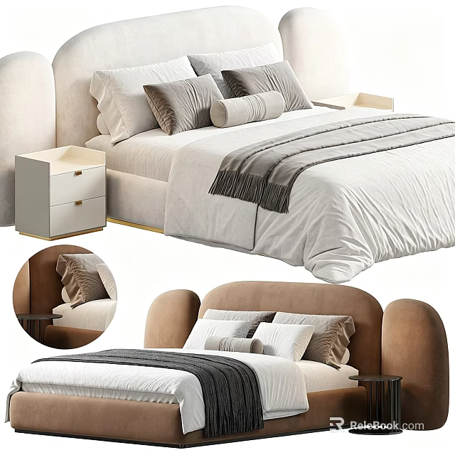 Modern Double Bed With Curved Headboard Pillows Gray Blanket And White Nightstand 3d model 