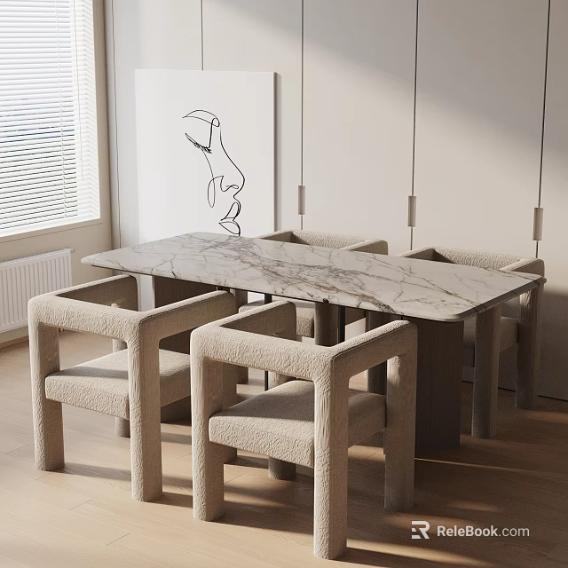 Modern Rectangular Dining Table Set with Marble Top and Beige Upholstered Chairs Under Pendant Lights 3d model 