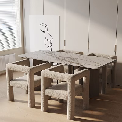 Modern Rectangular Dining Table Set with Marble Top and Beige Upholstered Chairs Under Pendant Lights 3d model