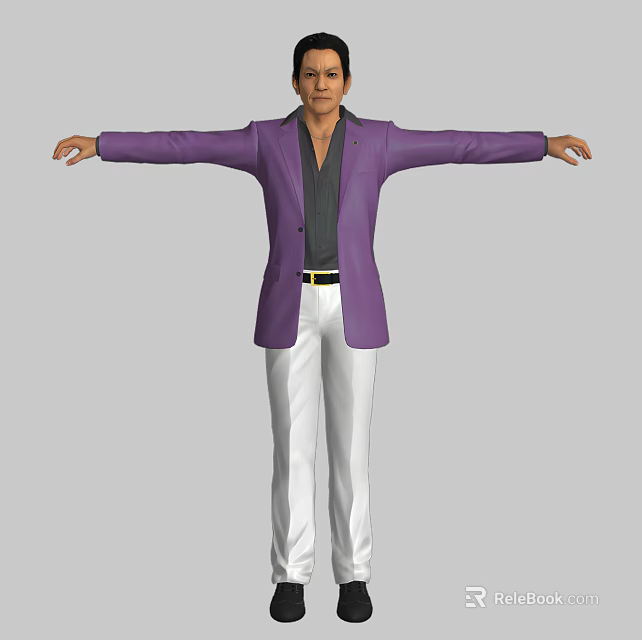 Man In Purple Suit Jacket Black Shirt And White Pants With Arms Outstretched 3d model 