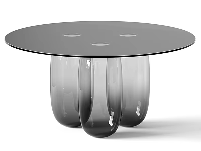 Round Black Glass Top Dining Table With Tapered Transparent Glass Legs Minimalist Design 3d model