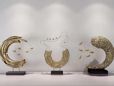 Golden Curved Decorative Ornament Set With Fish Accents And Black Bases 3d model