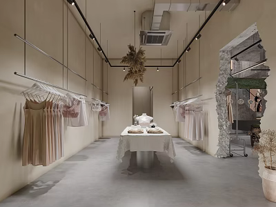 Minimalist Clothing Store Interior With Hanging Clothes Racks Central Table And Beige Walls 3d model