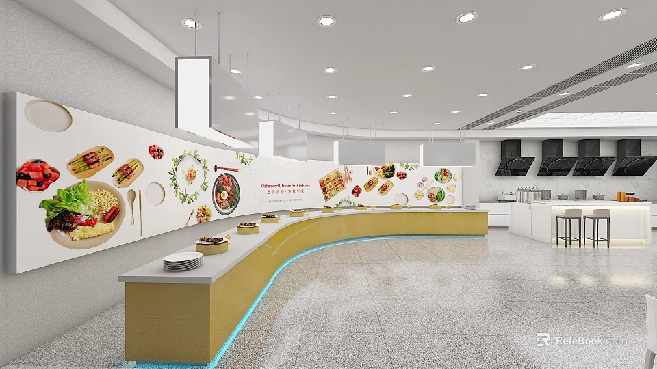 Modern Open Kitchen Interior With Curved Island And Decorative Wall Art 3d model