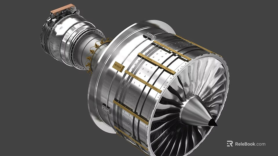 High Precision Industrial Equipment Turbine Engine With Metallic Casing Golden Stripes And Blade Structure 3d model 