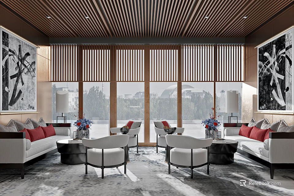 Modern Sales Office Interior Featuring Sofas Coffee Tables Large Windows And Artwork 3d model 