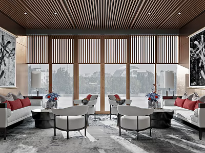 Modern Sales Office Interior Featuring Sofas Coffee Tables Large Windows And Artwork 3d model