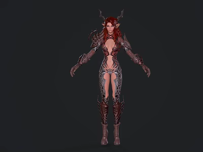 Game Movie Character With Red Hair Horns And Ornate Metal Leather Outfit 3d model