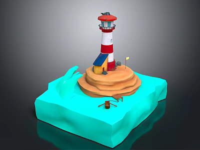 3D Lighthouse Scene With Red White Tower Small House Sandy Beach And Waves 3d model