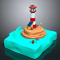 3D Lighthouse Scene With Red White Tower Small House Sandy Beach And Waves