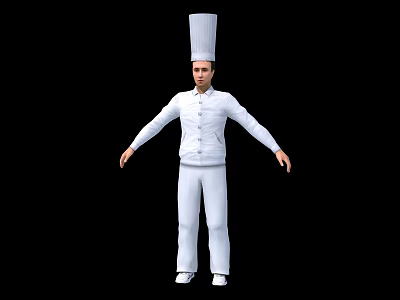 Man In White Chef Uniform With Tall Chef Hat And Arms Outstretched On Black Background 3d model