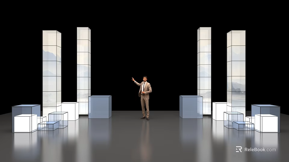 Businessman Presenting In Modern Display Setup With Transparent Columns Cubes And Black Background 3d model 