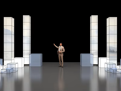 Businessman Presenting In Modern Display Setup With Transparent Columns Cubes And Black Background 3d model