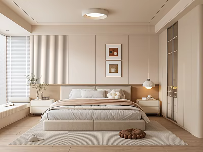 Modern Bedroom Interior With Beige Bed Framed Pictures Bedside Tables And Window Blinds 3d model