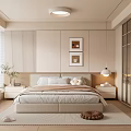 Modern Bedroom Interior With Beige Bed Framed Pictures Bedside Tables And Window Blinds