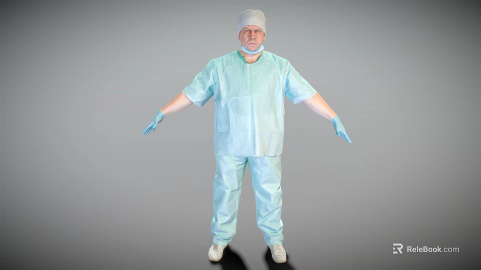 Man in Light Blue Protective Suit White Cap Mask Blue Gloves Standing with Arms Outstretched 3d model 