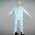 Man in Light Blue Protective Suit White Cap Mask Blue Gloves Standing with Arms Outstretched