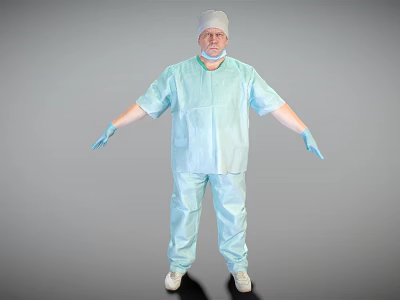 Man in Light Blue Protective Suit White Cap Mask Blue Gloves Standing with Arms Outstretched 3d model