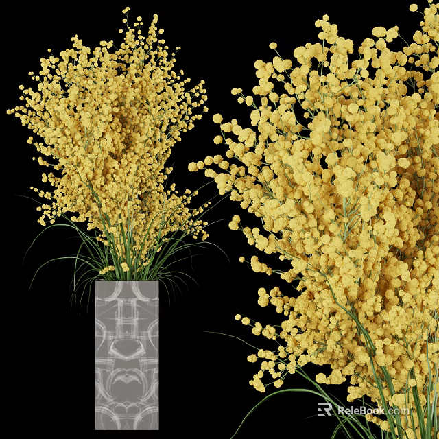 Yellow Mimosa Flowers Arranged in Grey Geometric Pattern Ceramic Vase 3d model 