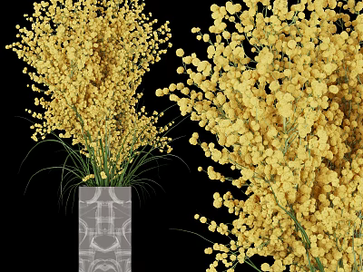 Yellow Mimosa Flowers Arranged in Grey Geometric Pattern Ceramic Vase 3d model
