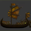Ancient Sailing Ship Model Featuring Wooden Hull Orange Sails And Detailed Decorations