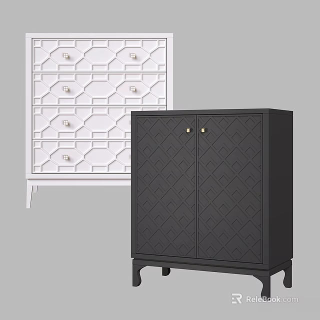 White and Black Dressers with Geometric Patterns Drawers Doors and Metal Handles 3d model 
