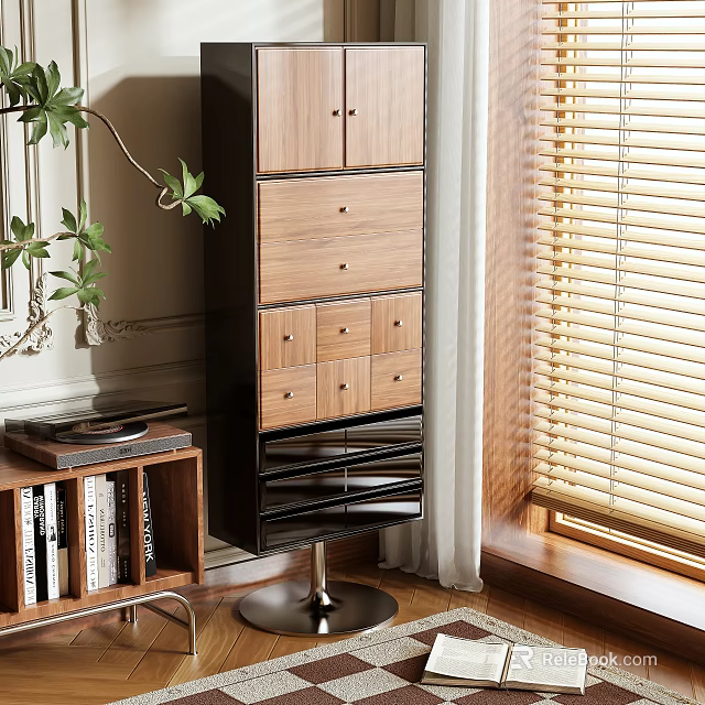 Wooden Storage Cabinet With Multiple Drawers And Doors Near Window Blinds And Green Plant 3d model 