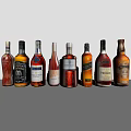 Various Branded Liquor Bottles and Wine Glasses Neatly Arranged with Reflective Surface and Labels