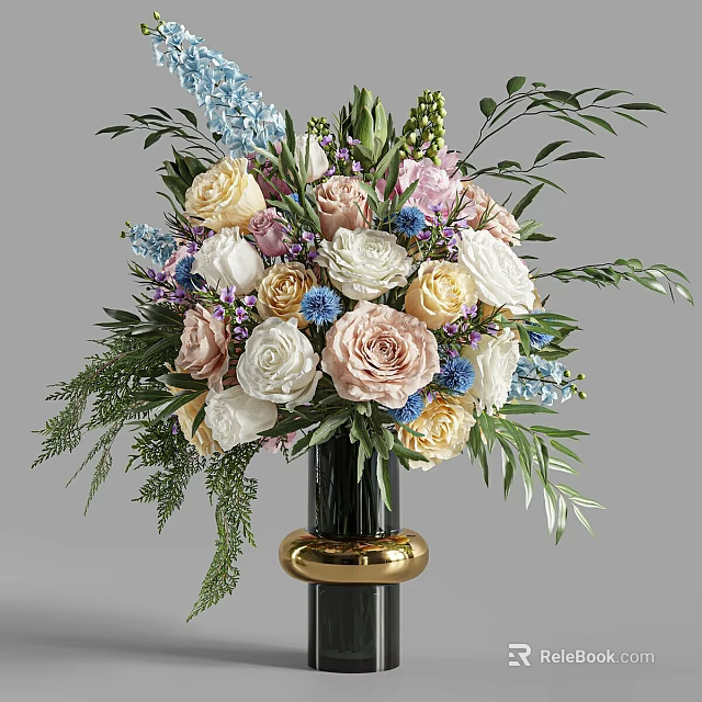 Colorful Mixed Flowers Arrangement In Black Vase With Gold Base And Green Leaves Ferns 3d model 