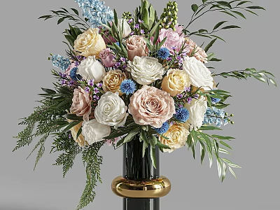 Colorful Mixed Flowers Arrangement In Black Vase With Gold Base And Green Leaves Ferns 3d model
