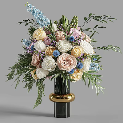 Colorful Mixed Flowers Arrangement In Black Vase With Gold Base And Green Leaves Ferns 3d model