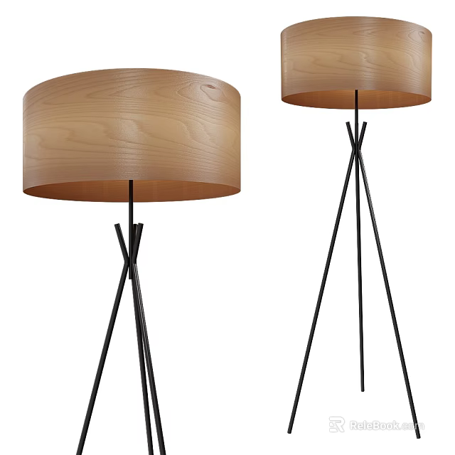 Two Modern Floor Lamps with Wooden Lampshades and Black Tripod Stands 3d model 