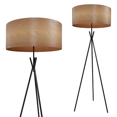 Two Modern Floor Lamps with Wooden Lampshades and Black Tripod Stands 3d model