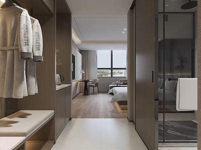 Modern Hotel Room Interior With Bed Bathrobes Bench Wooden Furniture And Glass Window 3d model