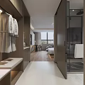 Modern Hotel Room Interior With Bed Bathrobes Bench Wooden Furniture And Glass Window