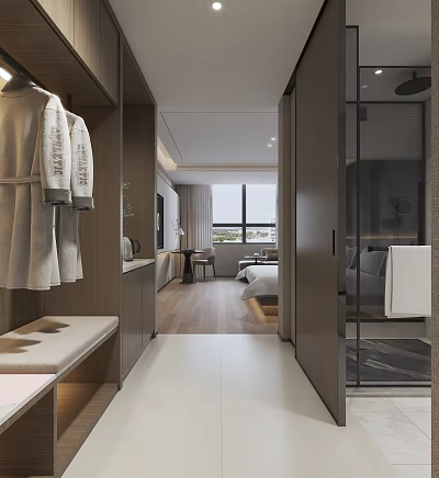 Modern Hotel Room Interior With Bed Bathrobes Bench Wooden Furniture And Glass Window 3d model