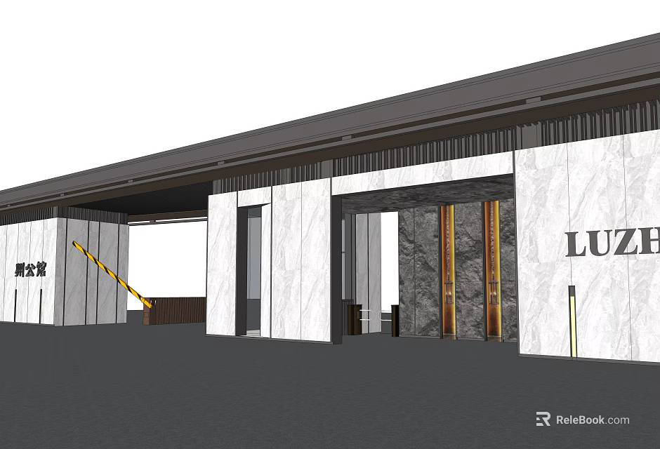 Elegant Modern Entrance Gate With Marble Walls Metal Frames And Overhanging Roof 3d model 