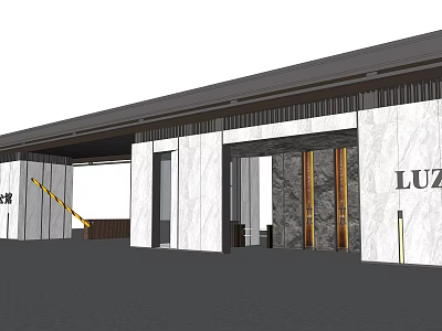 Elegant Modern Entrance Gate With Marble Walls Metal Frames And Overhanging Roof 3d model