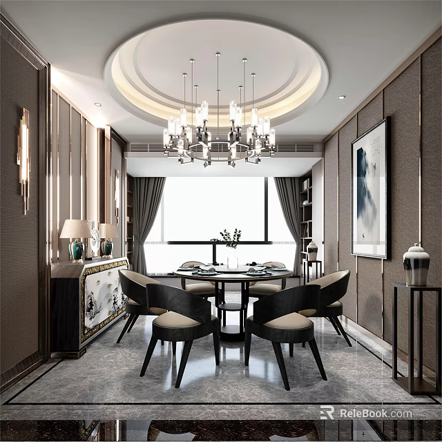 Elegant Modern Dining Room With Stylish Sideboard Chandelier And Decorative Elements 3d model