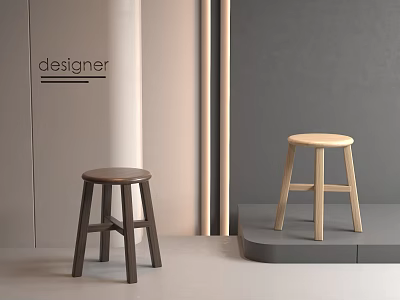 Modern Designer Wooden Stools With Dark And Light Tones In Display Setting 3d model