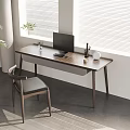 Modern Wooden Desk with Laptop Cup Stationery Clock and Chair by Window Blinds