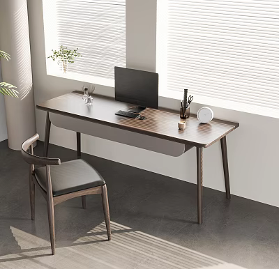 Modern Wooden Desk with Laptop Cup Stationery Clock and Chair by Window Blinds 3d model