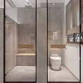 Hotel Bathroom Interior With Round Mirror Stone Sink Wooden Shelf And Wicker Basket