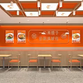 Bright Orange Themed Cantonese Roast Meat Restaurant With Dining Tables Chairs Wall Menus and Decorations