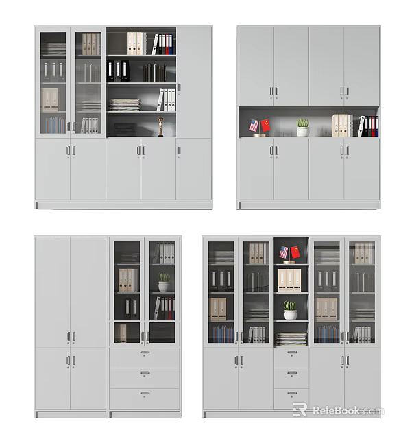 Modern Bookcases Collection With Glass Doors Open Shelves Books And Decorative Plants 3d model 