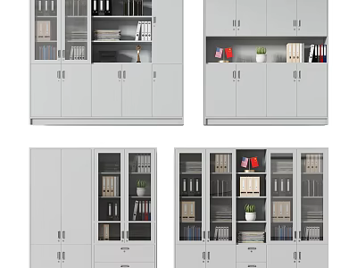 Modern Bookcases Collection With Glass Doors Open Shelves Books And Decorative Plants 3d model