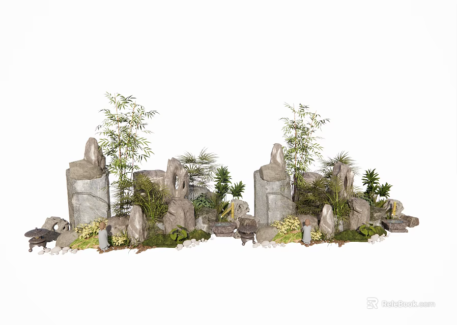 Natural Plant Arrangement with Stones Bamboo and Green Plants for Garden Decor 3d model 