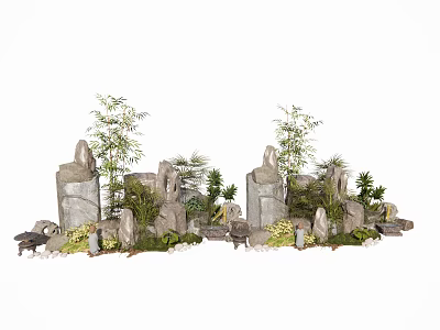 Natural Plant Arrangement with Stones Bamboo and Green Plants for Garden Decor 3d model