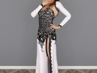 Woman In Black And White Long Dress With Lace Details And High Slit Posing 3d model